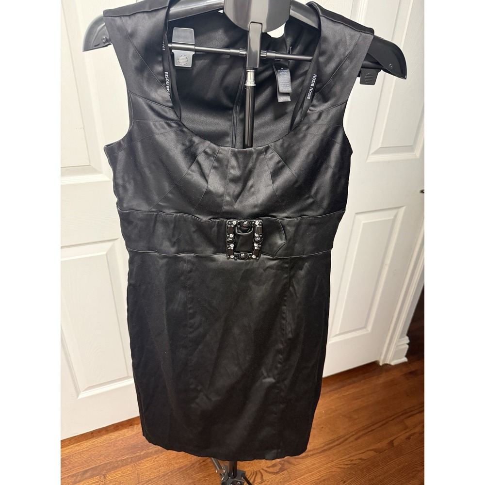 Bisou Bisou Elegant Sleeveless Black Dress w/Jeweled Rhinestone Buckle Size 14
